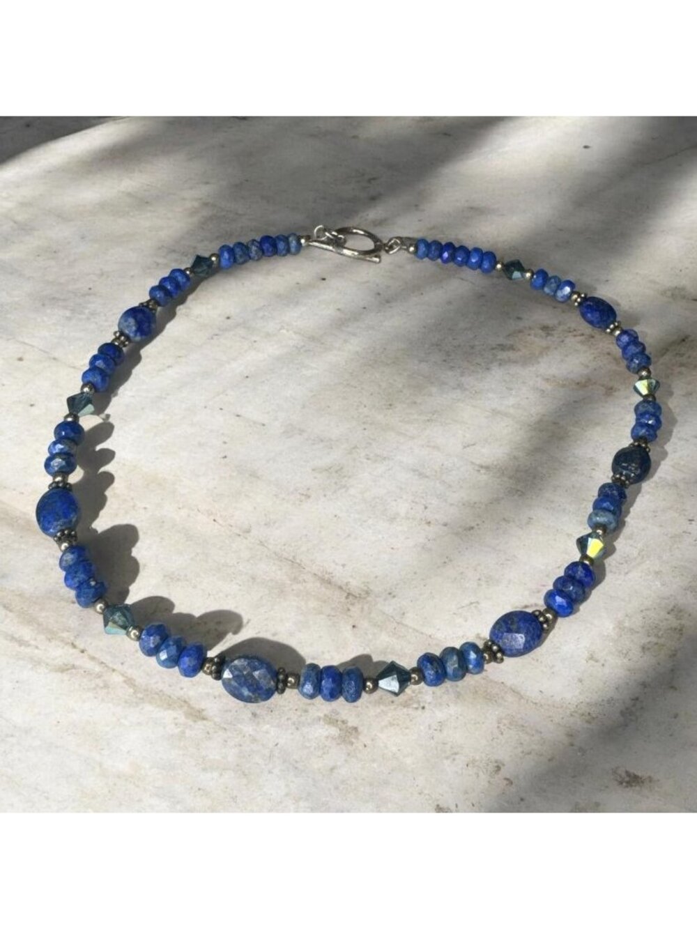 Lapis Lazuli Beaded Necklace With Silver Accents & Toggle Clasp Handmade Jewelry